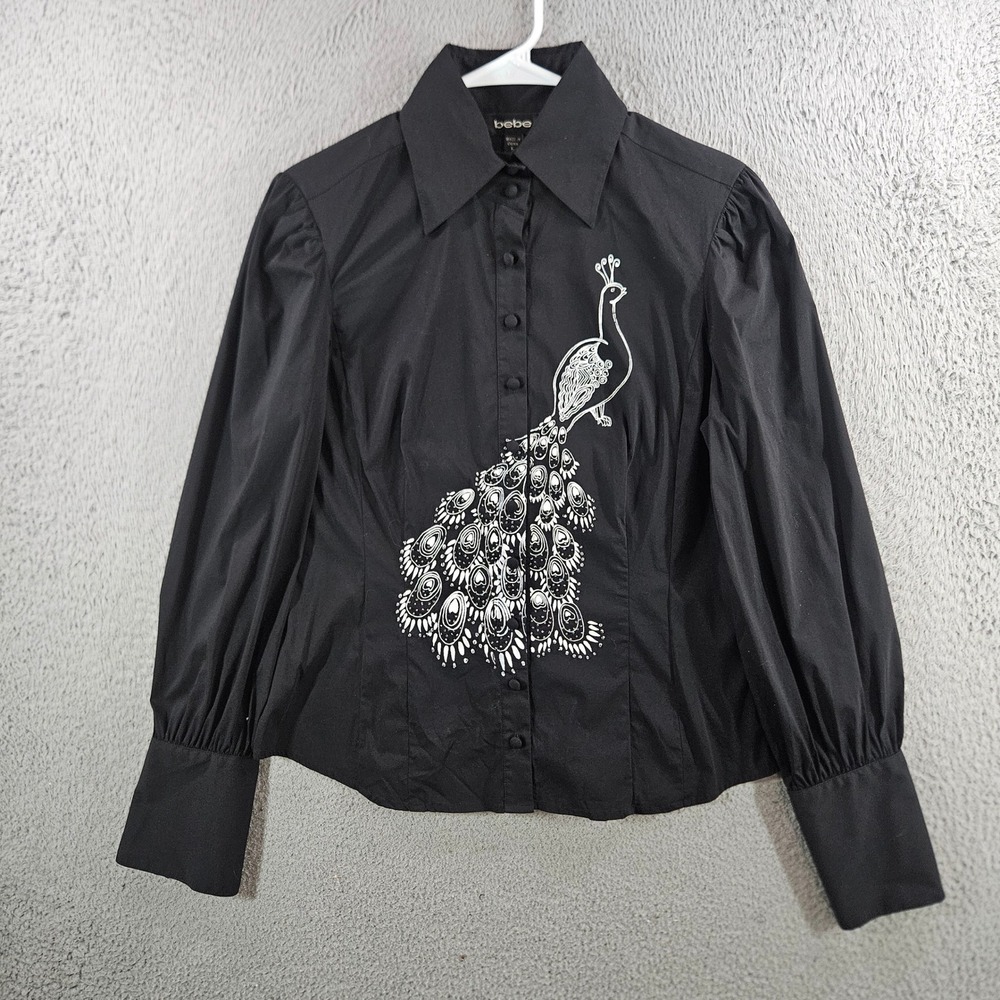 Bebe Womens Black Peacock Graphic Button Down Blouse Puff Sleeve Long Cuff L